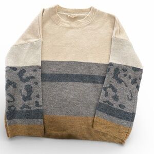 Mystree Colorblock Crewneck Sweater Size Large Leopard Print Sleeves Brown/Gray